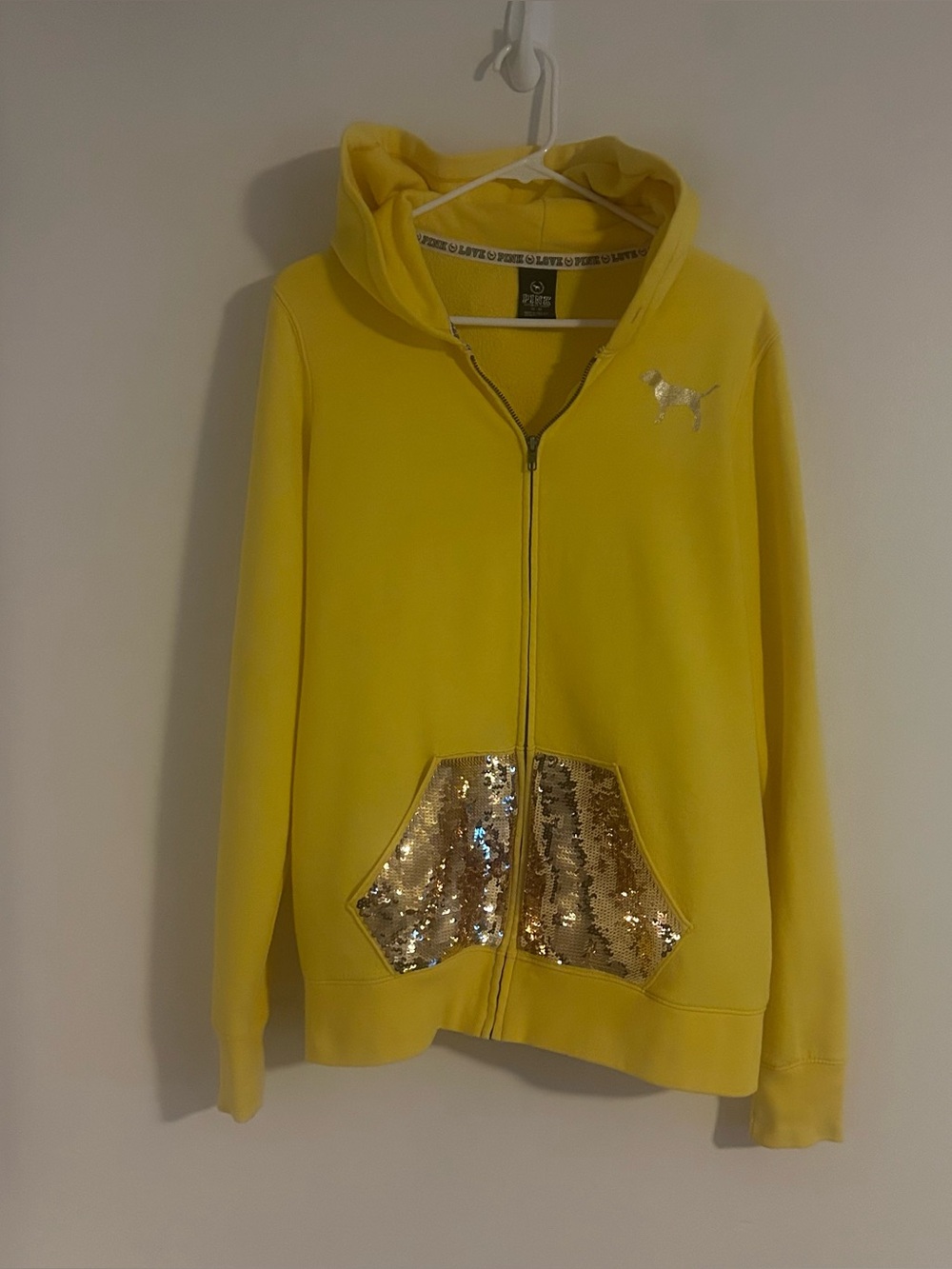 Victorias Secret Pink Yellow  Bling Sequined Logo Dog  Zip Up VTG Y2k Medium